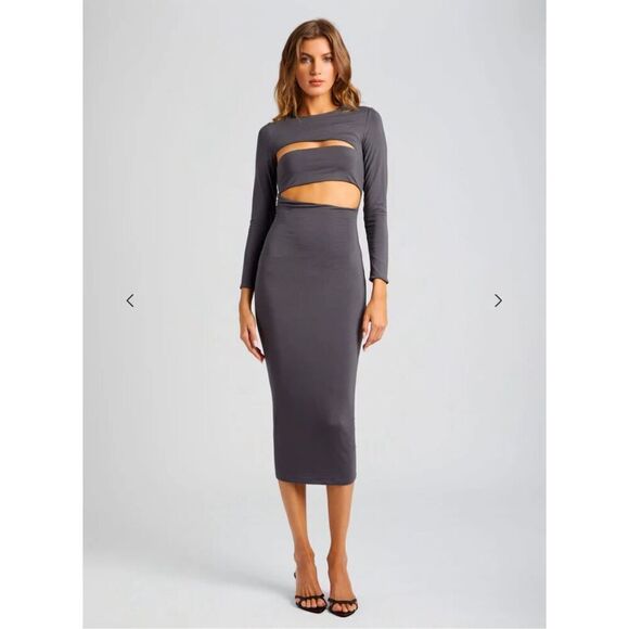 NWT Ser.O.Ya Kepla Cut Out Round Neck Long Sleeve Bodycon Maxi Dress Gray Size X - Picture 1 of 9